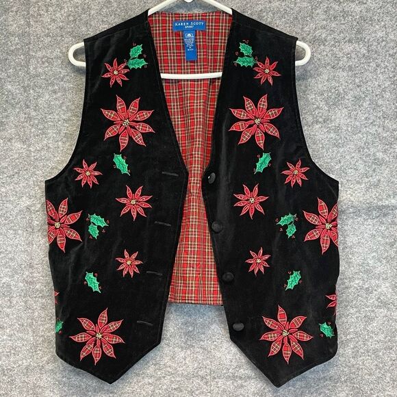 KAREN SCOTT Vest Womens Medium Black Red Poinsettia Christmas Velvet Embroidered - Picture 1 of 16